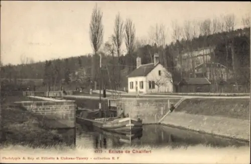Ak Ecluse de Chalifert Seine et Marne, Ecluse de  Boot im Kanal, Haus, Bäume