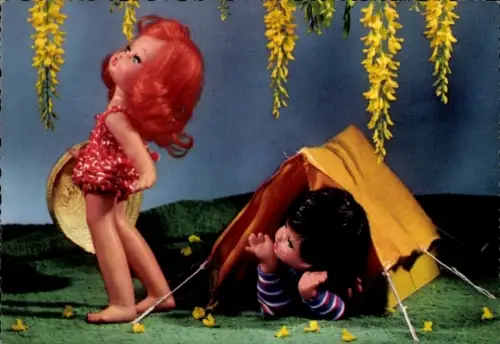 Ak Puppen, Mädchen mit Strohhut, Junge im Zelt