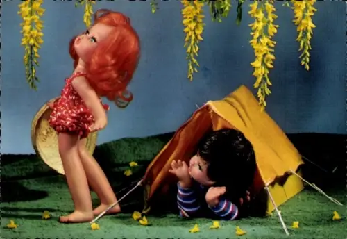 Ak Puppen, Mädchen mit Strohhut, Junge im Zelt
