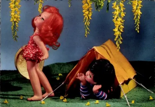 Ak Puppen, Mädchen mit Strohhut, Junge im Zelt