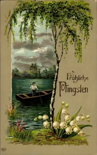 Ak Frohe Pfingsten, Mann im Ruderboot, Birke, Maiglöckchen