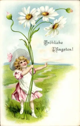 Präge Ak Frohe Pfingsten, Kleines Mädchen mit Margeriten