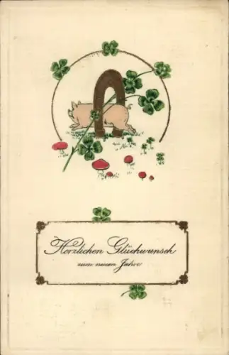 Präge Ak Glückwunsch Neujahr, Schwein, Glücksklee, Pilze, Hufeisen