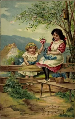 Präge Ak Glückwunsch Pfingsten, Mädchen, Blumen, Zaun