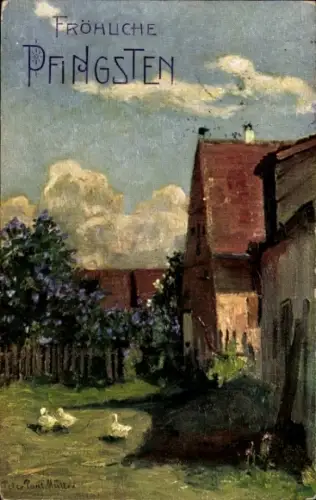 Künstler Ak Glückwunsch Pfingsten, Häuser, Enten, Blühende Bäume