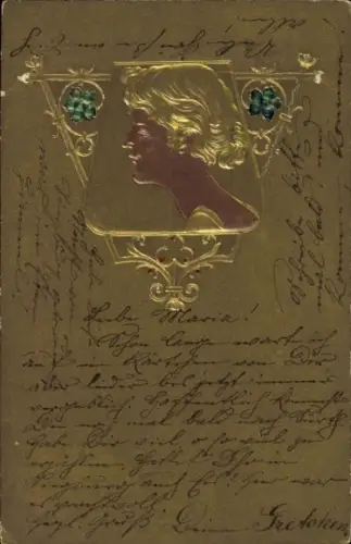 Präge Ak Frau-Porträt, Blumen, Kitsch