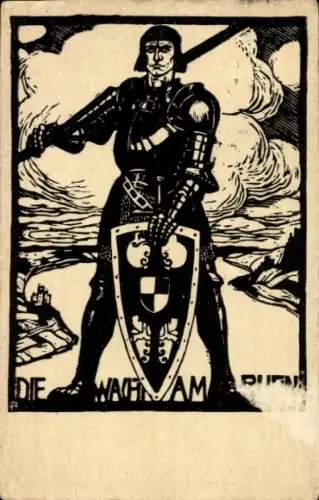 Studentika Ak Wacht am Rhein, Ritter mit Schwert und Schutzschild, Soziale Studentenarbeit