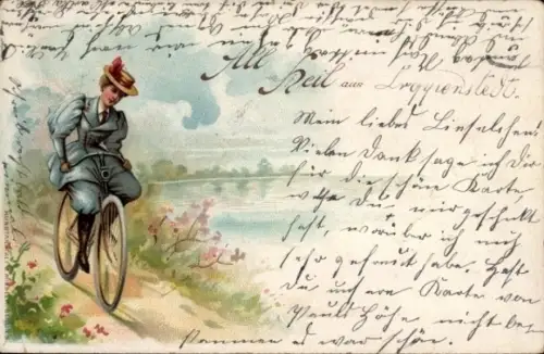 Litho Junge Frau auf einem Fahrrad