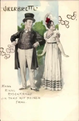 Ak Überbrettl, Liebespaar, Frau in weißem Kleid, Nobler Mann, Liebe, Herzen