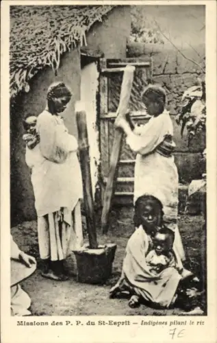 Ak Afrika, Einheimische zerstampfen Reis