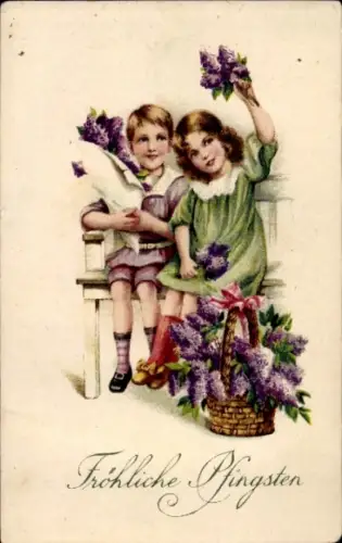 Ak Glückwunsch, Pfingsten, Kinder, Flieder