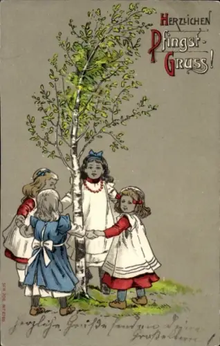 Litho Glückwunsch, Pfingsten, Kinder, Birke