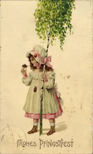 Litho Glückwunsch Pfingsten, Mädchen, Maikäfer, Birke