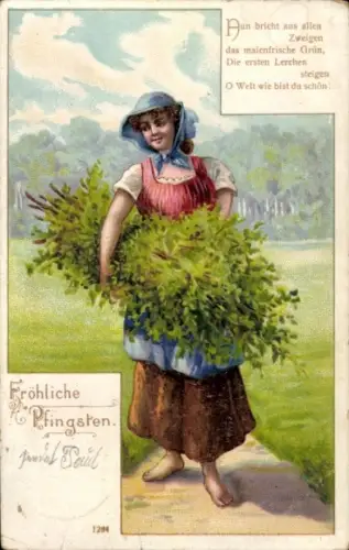 Litho Glückwunsch Pfingsten, Frau in Tracht