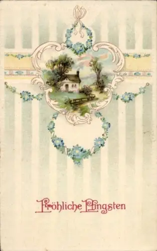 Passepartout Litho Glückwunsch Pfingsten, Dorfidyll