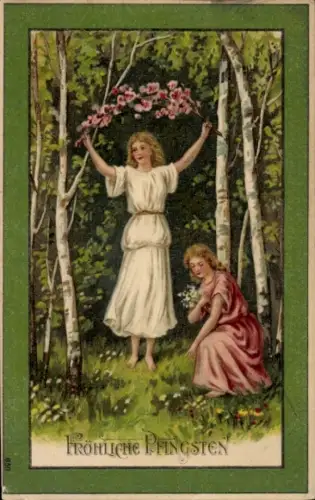 Litho Glückwunsch Pfingsten, Frauen, Birken