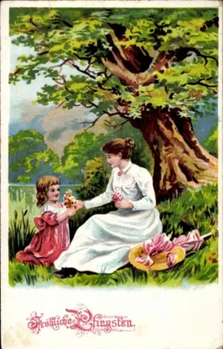 Litho Glückwunsch Pfingsten, Mutter mit Tochter