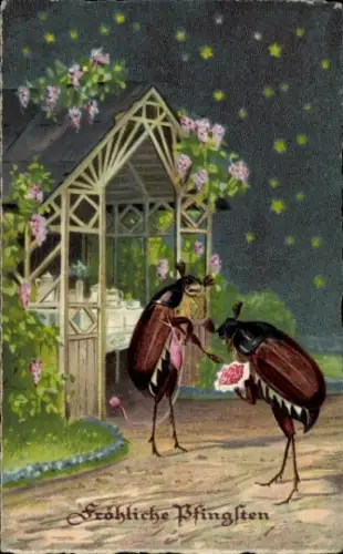 Künstler Ak Glückwunsch Pfingsten, Maikäfer, vermenschlicht