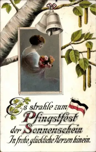 Passepartout Ak Glückwunsch Pfingsten, Frau mit Blumen, Birke, Patriotik