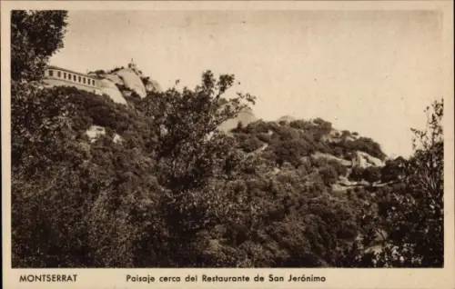 Ak Montserrat Katalonien, Berglandschaft, Restaurant de San Jerónimo, Bäume, Felsen