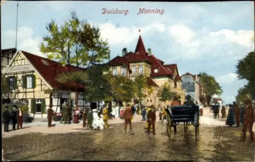 Ak Duisburg im Ruhrgebiet,  Monning, Menschen auf der Straße, Kutsche, Bäume