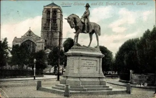 Ak Exeter Devon England, Buller Statue and St. David's Kirche