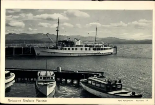 Ak San Carlos de Bariloche Argentinien, Motonave Modesta Victoria, Schiff im Hafen, Wasser, Boote