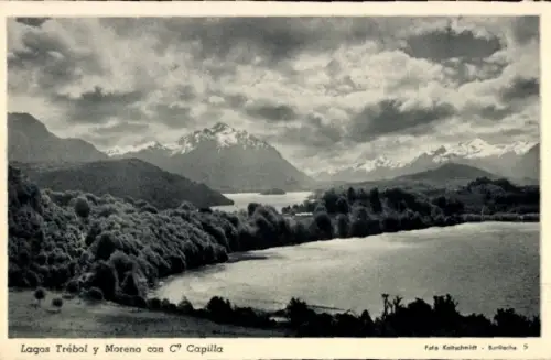 Ak San Carlos de Bariloche Argentinien, Landschaft mit Bergen, Seen, Wolken, Text: Lagos Trébol y