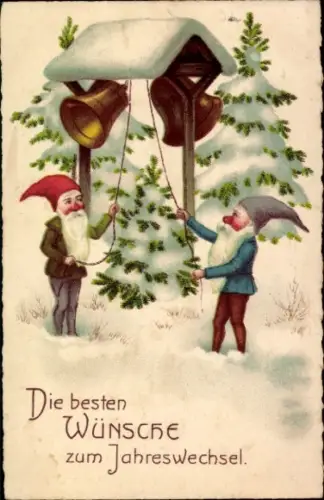 Ak Glückwunsch Neujahr, Zwerge, Glocken, Tannenbäume