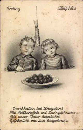 Künstler Ak Freitag, Fleischlos, Durchhalten bei Kriegskast mit Pellkartoffeln...