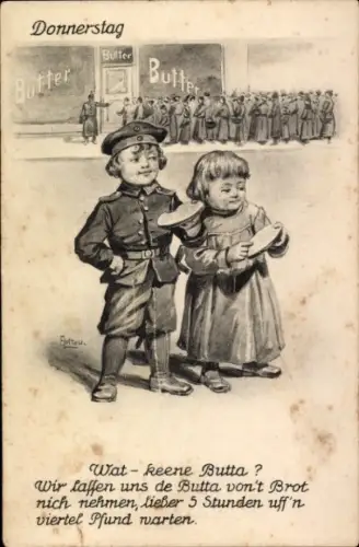 Künstler Ak Donnerstag, Mädchen und Soldat, Kinder, Butter