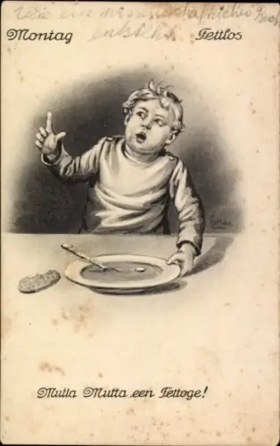 Künstler Ak Montag, Fettlos, Soldat isst Suppe, Mutta Mutta een Fettoge