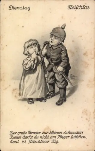 Künstler Ak Dienstag, Fleischlos, Junge als Soldat mit Schwester