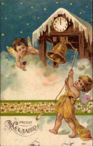 Ak Glückwunsch Neujahr, Engel, Glocken, Uhr