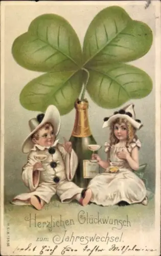Präge Ak Glückwunsch Neujahr, Kinder, Sektflasche, Glücksklee