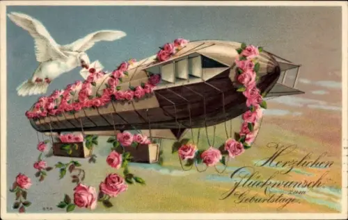 Ak Glückwunsch Geburtstag, Zeppelin, Rosen, Taube
