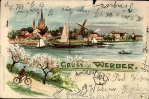 Litho Werder an der Havel, Teilansicht, Windmühle, Radfahrer, Baumblüte