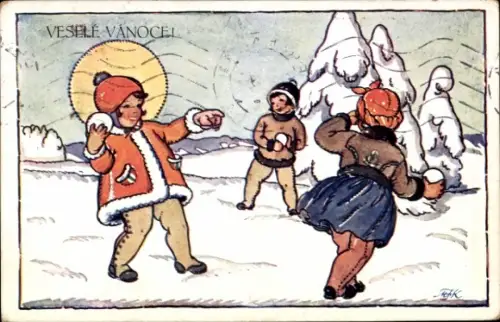 Künstler Ak Glückwunsch Weihnachten, Schneeballschlacht, Kinder