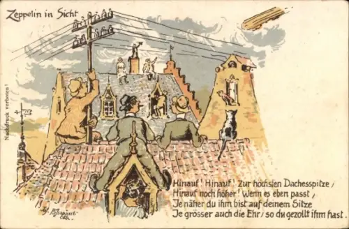 Künstler Ak Zeppelin in Sicht, Menschen auf dem Dach, Katze
