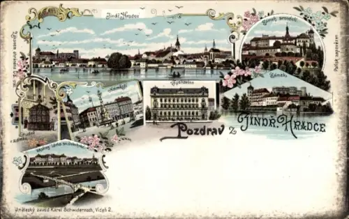 Litho Jindřichův Hradec Neuhaus Südböhmen, Gesamtansicht, Schloss, Platz