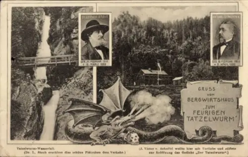 Ak Oberaudorf Oberbayern, Tatzelwurmwasserfall, Dr. Ludwig Steub, Victor Scheffel, Bergwirtshaus