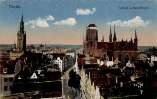 Ak Gdańsk Danzig, Rathaus, Marienkirche