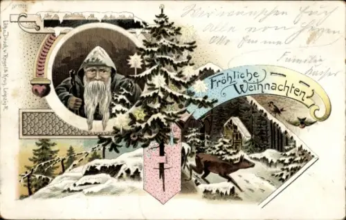Litho Frohe Weihnachten, Weihnachtsmann, Tannenbaum, Reh