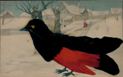 Material Ak Vogel mit echten roten und schwarzen Federn, Wintermotiv