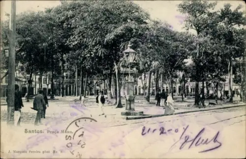 Ak Santos Brasilien,  Praça Mauá, Menschen, Laterne, Bäume