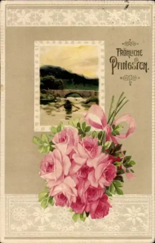 Präge Passepartout Ak Glückwunsch, Pfingsten, Brücke, Rosen