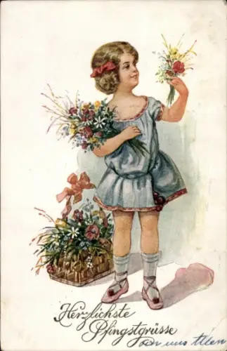 Künstler Ak Glückwunsch Pfingsten, Mädchen mit Blumen