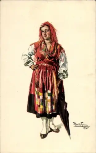 Künstler Ak Viana do Castelo, Frau in portugiesischer Volkstracht, Schirm
