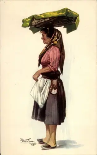 Künstler Ak Jouzz, A., Varina, Fischhändlerin, Portugiesin mit Weidenkorb auf dem Kopf, Tracht