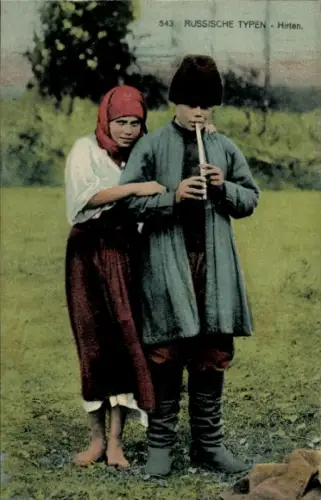 Ak Hirten, Junge mit Flöte, Mädchen mit Kopftuch